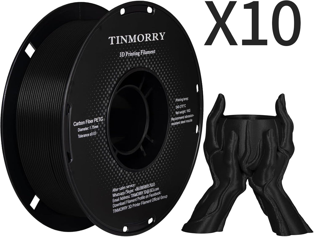 10 Rolls Carbon Fiber PETG Filament 1.75 mm, TINMORRY PETG CF 3D Printer Filament, Compatible with Bambu LAB, Creality K1C, QIDI MAX3, FLASHFORGE Adventurer 5M, Prusa MK4 FDM 3D Printer, 10 KG, Black