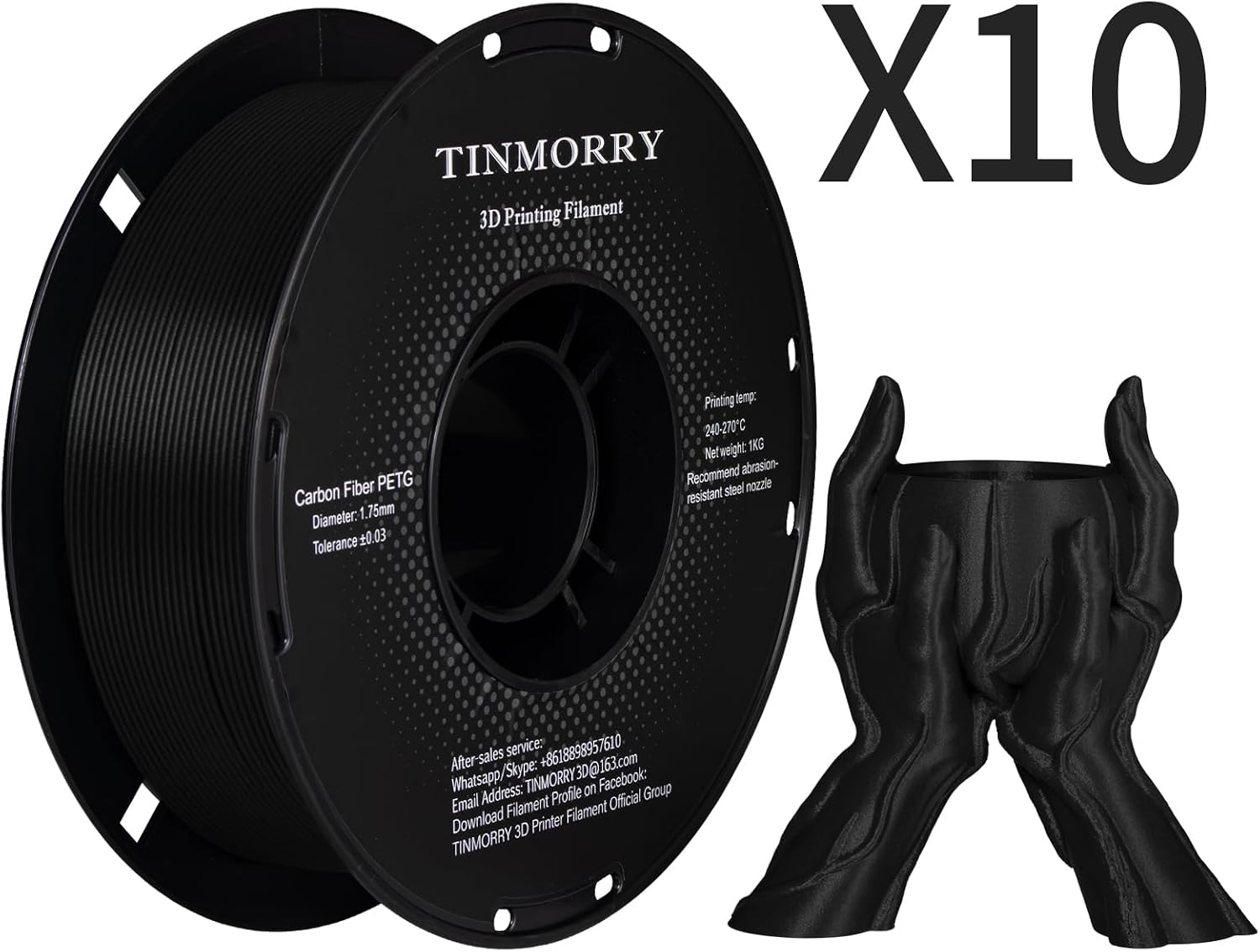 10 Rolls Carbon Fiber PETG Filament 1.75 mm, TINMORRY PETG CF 3D Printer Filament, Compatible with Bambu LAB, Creality K1C, QIDI MAX3, FLASHFORGE Adventurer 5M, Prusa MK4 FDM 3D Printer, 10 KG, Black