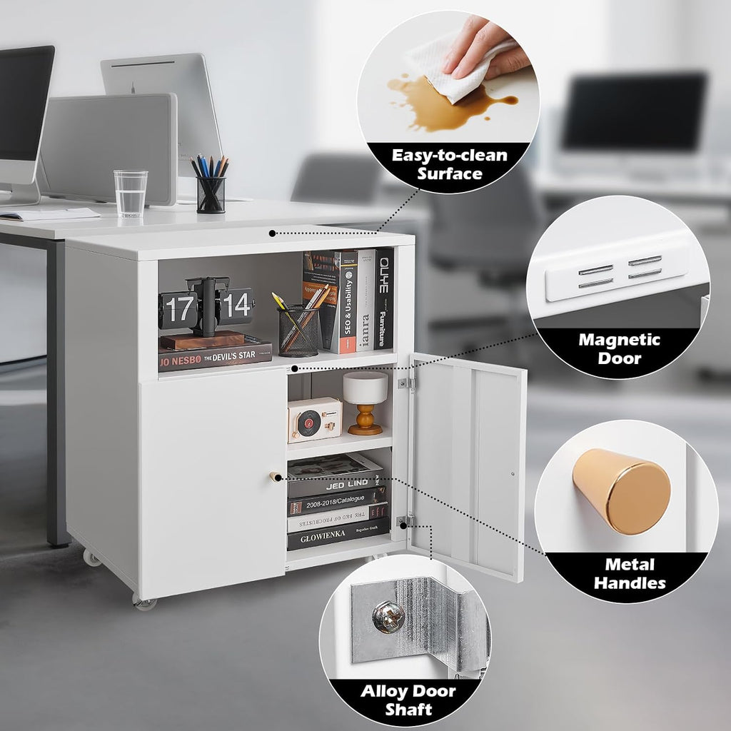 Metal Printer Stand with Storage, Heavy Duty Rolling Printer Cabinet with Doors and Adjustable Shelves, Large Printer Table Stand with Wheels for Office Copier Fax, White