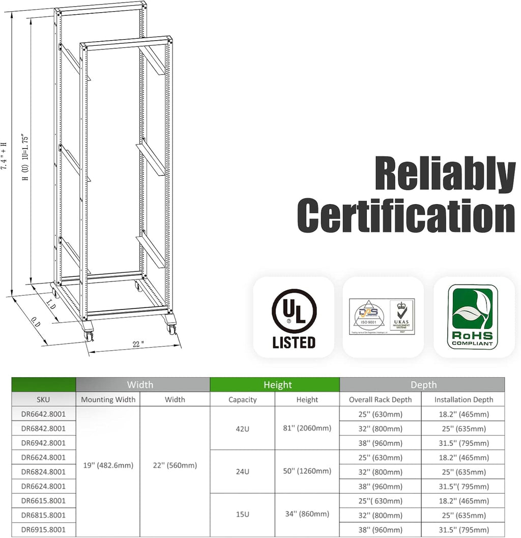 Rising Electronics Open Rack 15U 20U 28U 32U 42U 4 Post Open Frame 19-Inch Data Network Desktop Server/Audio Rack(28U, 17' Depth)