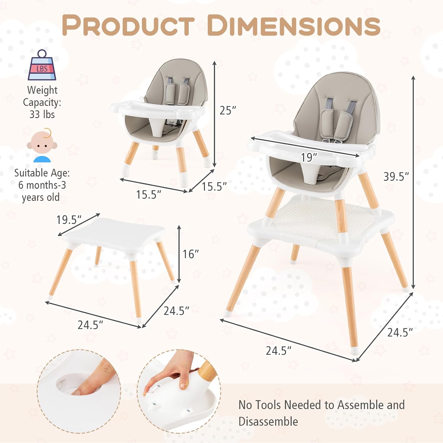 HONEY JOY Baby High Chair, 6-in-1 Convertible Wooden Highchair for Babies and Toddlers/Table Set/Toddler Chair with Safety Harness, 4-Position Removable Feeding Tray (Gray)