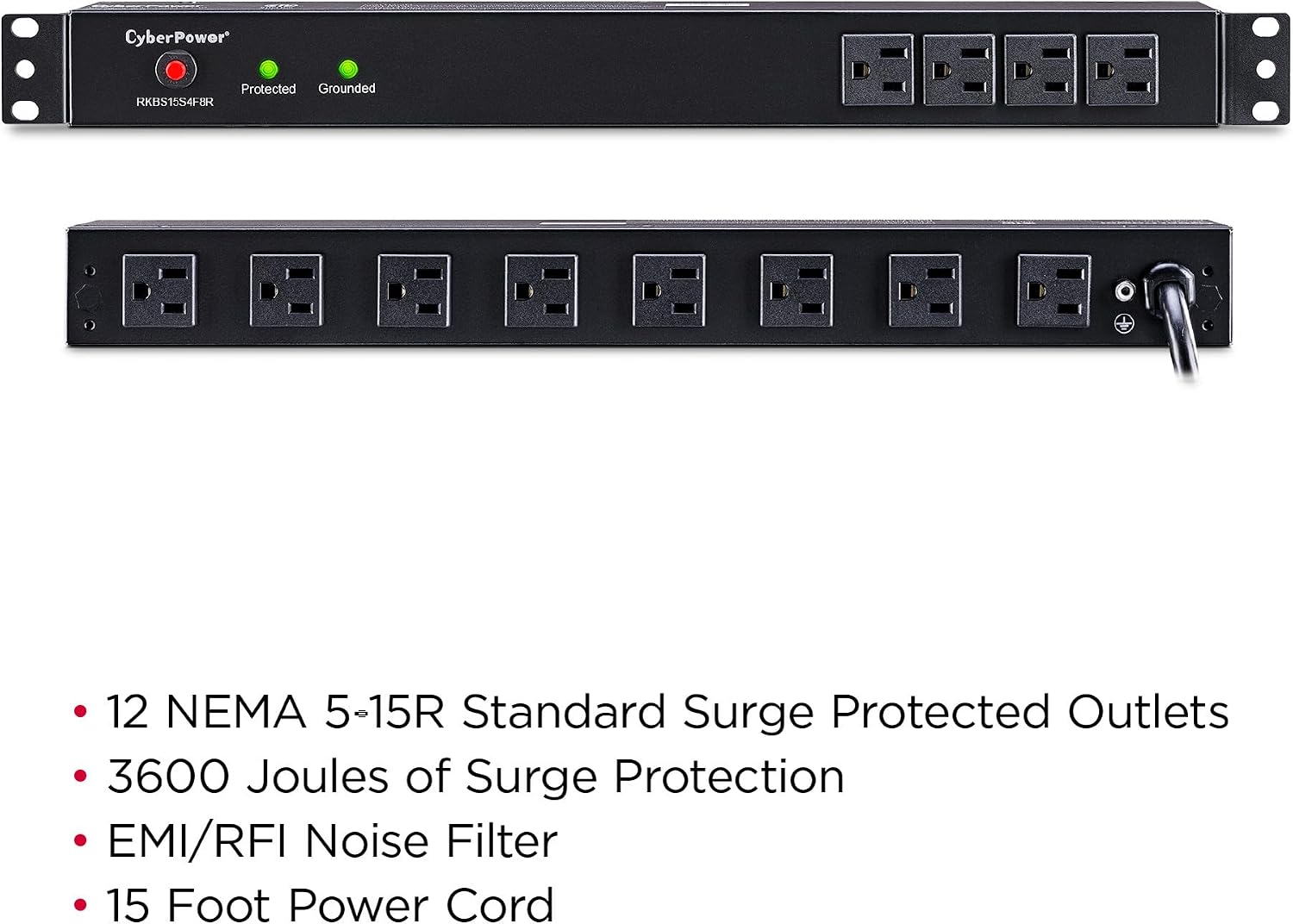 CyberPower RKBS15S4F8R Rackbar Surge Protector, 120V/15A, 12 Outlets, 15 Foot Power Cord, 1U Rackmount, UL Listed