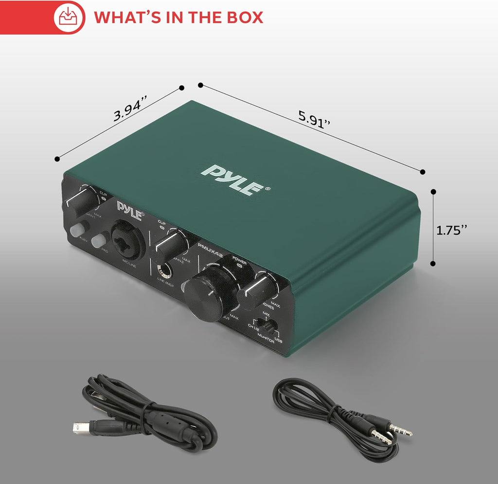 Pyle USB Audio Interface for Recording Music, Podcasting, and Streaming – 2-IN/2-OUT, 24bit/192kHz, Low-Noise, High-Fidelity Studio Quality, USB Powered, Rugged Metal Chassis, 5.9' x 4' x 1.8'