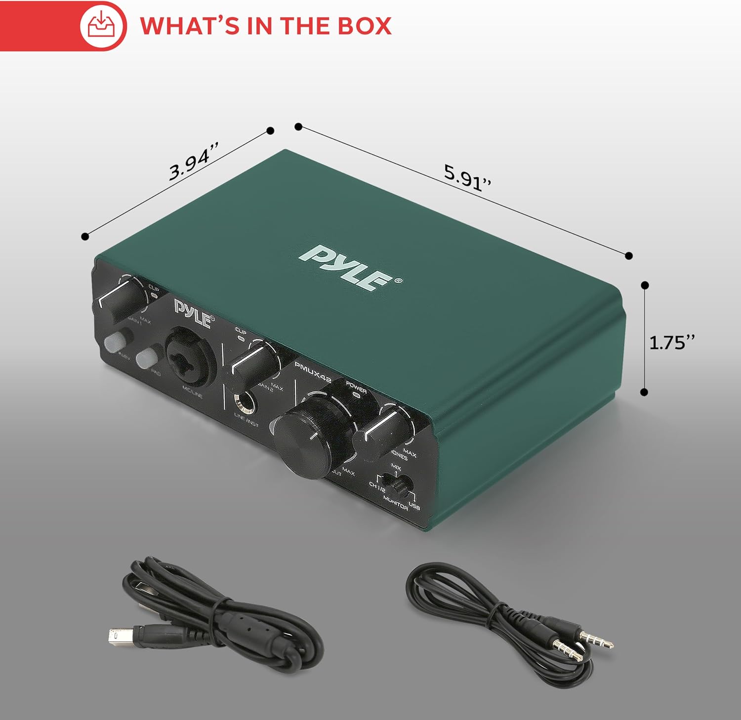 Pyle USB Audio Interface for Recording Music, Podcasting, and Streaming – 2-IN/2-OUT, 24bit/192kHz, Low-Noise, High-Fidelity Studio Quality, USB Powered, Rugged Metal Chassis, 5.9' x 4' x 1.8'