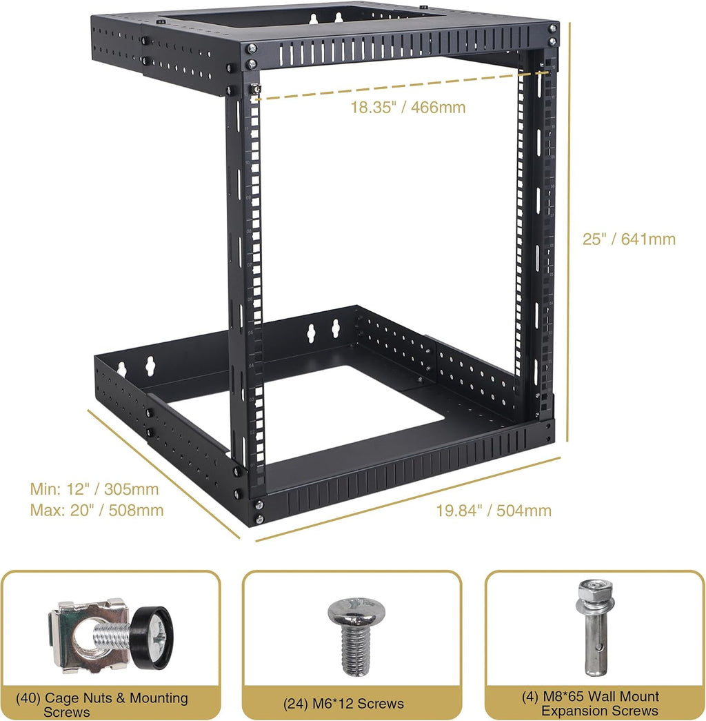 Sound Town 2-Post 12U Wall-Mount Open Frame Server and Network Equipment Rack with Adjustable Depth 12'-20' (ST2PWOR-A12U)