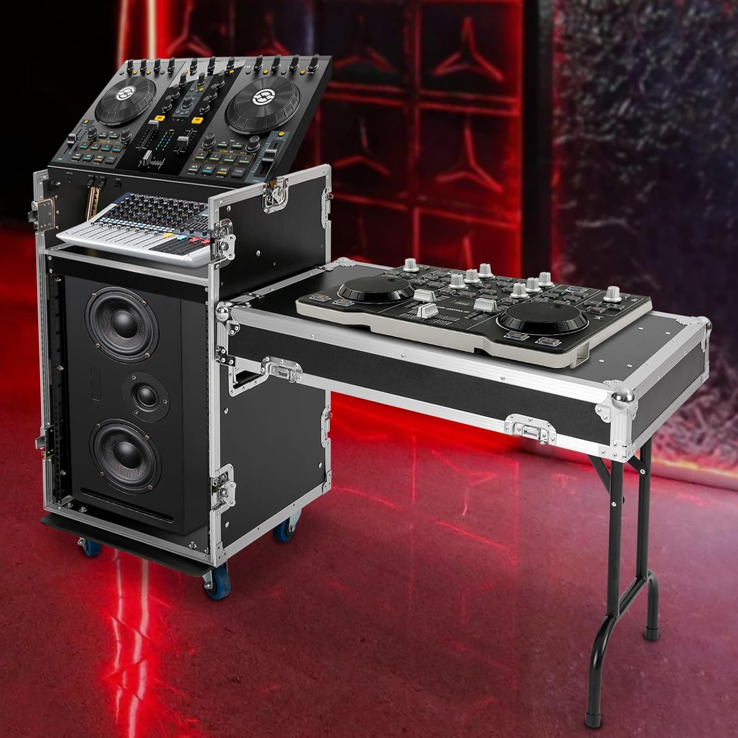 14U PA DJ Rack with Large Table Top & Wheels – Heavy Duty Rolling Studio Rack Cabinet for DJ Equipment, Network & Stereo Gear - 660 Lbs