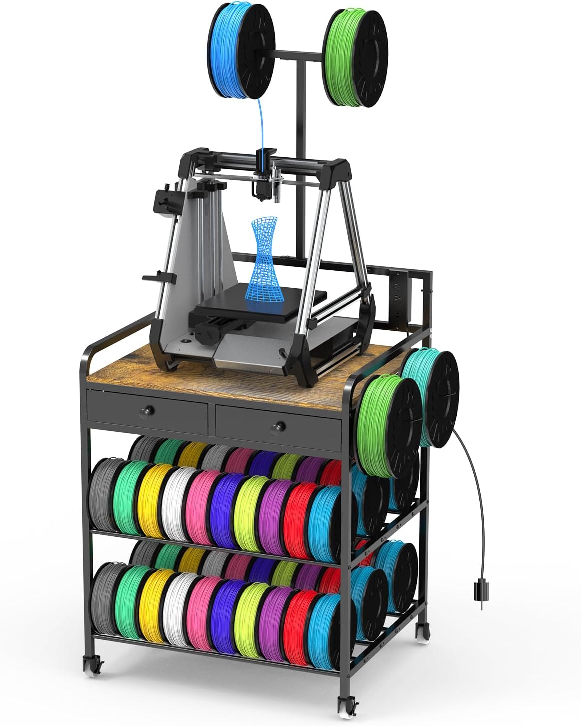 Heavy Duty 3D Printer Stand Filaments Storage Rack with Power Outlet,3D Printer Cart Desk,Rolling Filament Spool Holder,Multipose Storage Stand for Printing Studio,Home&Office Workshop