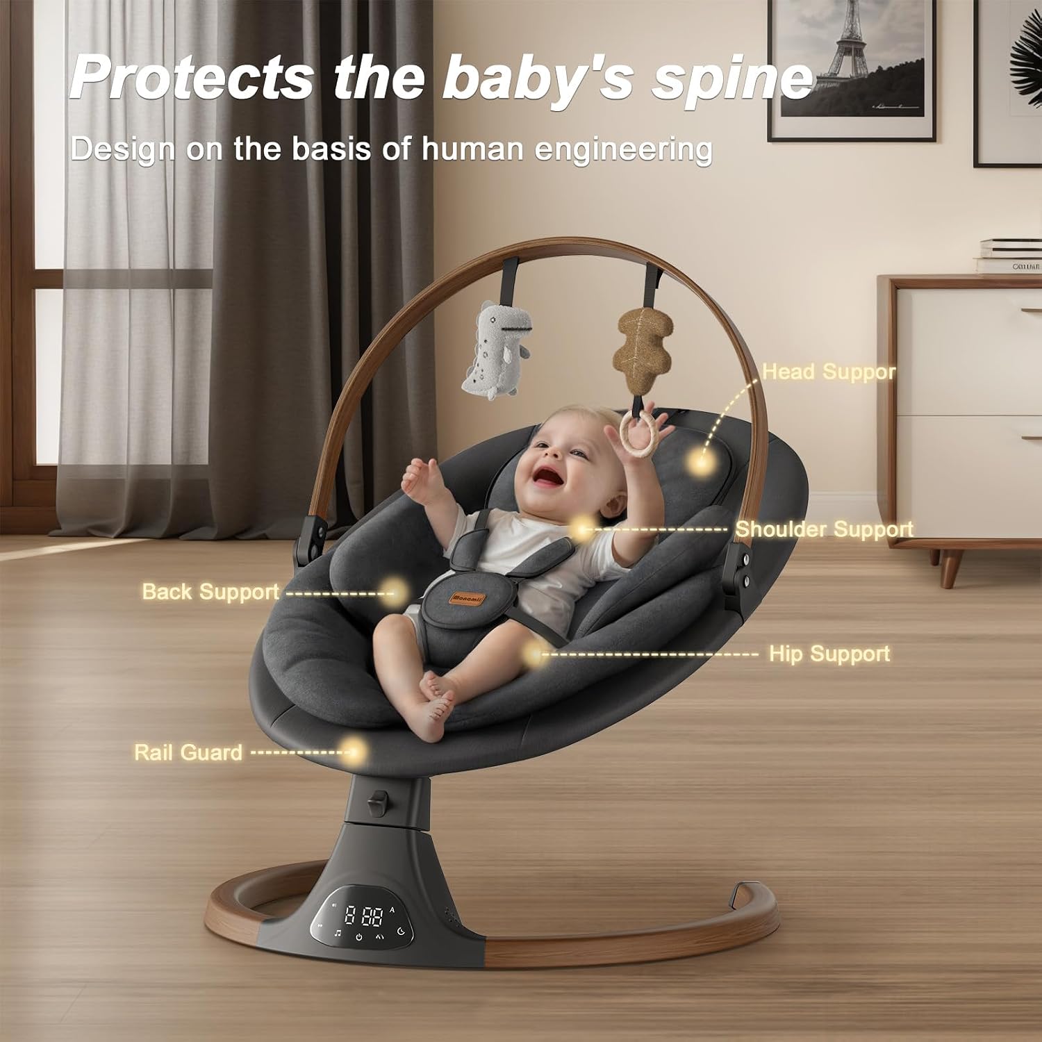Baby Swings for Infants, Monamii Baby Swing, Bluetooth Infant Swing with Music Speaker, 5 Speeds and Remote Control, Indoor & Outdoor Use (Black)