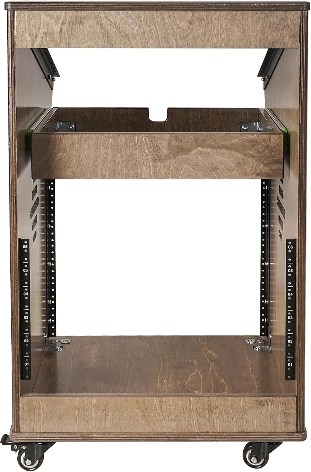 Sound Town DIY Solid Baltic Birch Plywood Studio Rack with 11U Slant Mixer Top, 10U Front, 2U Drawer, Rubber Feet, Casters, Weathered Brown (SDRK-M11X10B)