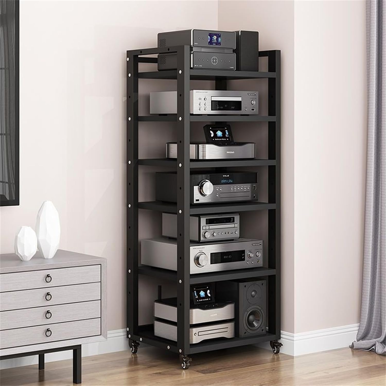 AV Media Stand 5/6/7/8 Tier Movable Record Player DVD CD Audio Rack Tower Holder, Adjustable Media Storage Cabinet, Equipment Console Shelf for Home Office Theater,Black,6 Tier W 19.6″