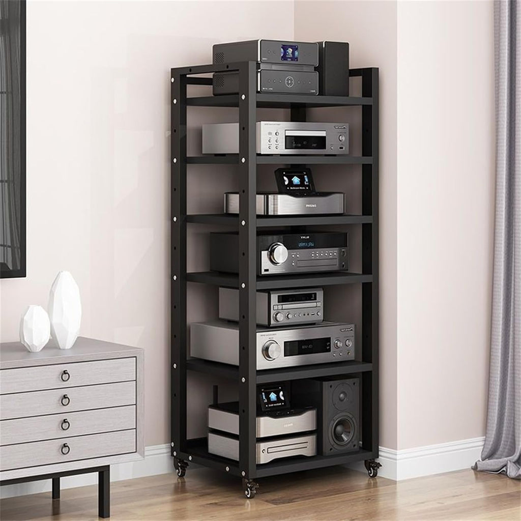 AV Media Stand 5/6/7/8 Tier Movable Record Player DVD CD Audio Rack Tower Holder, Adjustable Media Storage Cabinet, Equipment Console Shelf for Home Office Theater,Black,6 Tier W 23.6″
