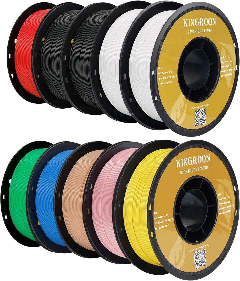 Kingroon PLA 3D Printer Filament,10 Rolls, Dimensional Accuracy +/- 0.03 mm, 10kg Spool(22lbs),1.75 mm,2Black+2White+Red+Green+Blue+Pink+Yellow+Skin