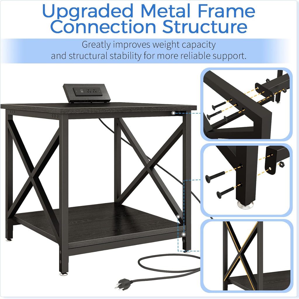 METYERRY Large Printer Stand with Power Outlet, with Storage Shelf, 2 Tier Rolling Printer Cart with Industrial Wheels, 23.6 x 23.6 Inches Printer Table for Home Office,Black