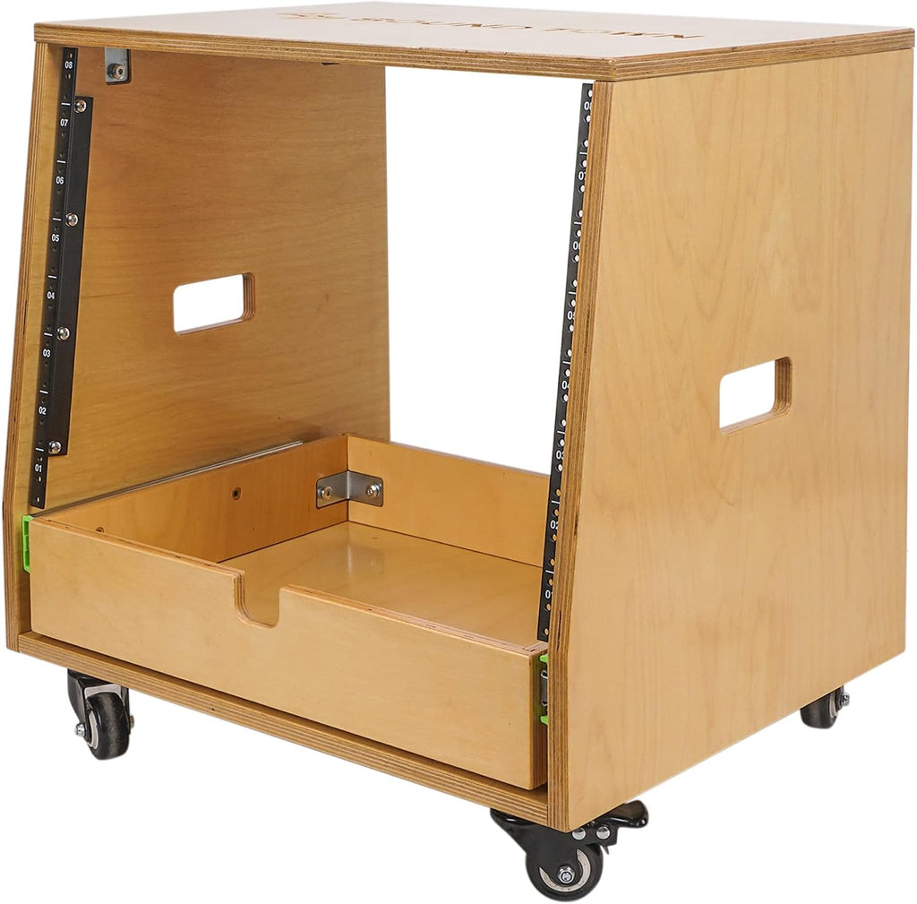 Sound Town 8U DIY Solid Baltic Birch Plywood Slanted Studio Rack with 8U Rack Space, Extra 2U Drawer, Rubber Feet, Casters, Golden Oak (SDRK-8TD2)