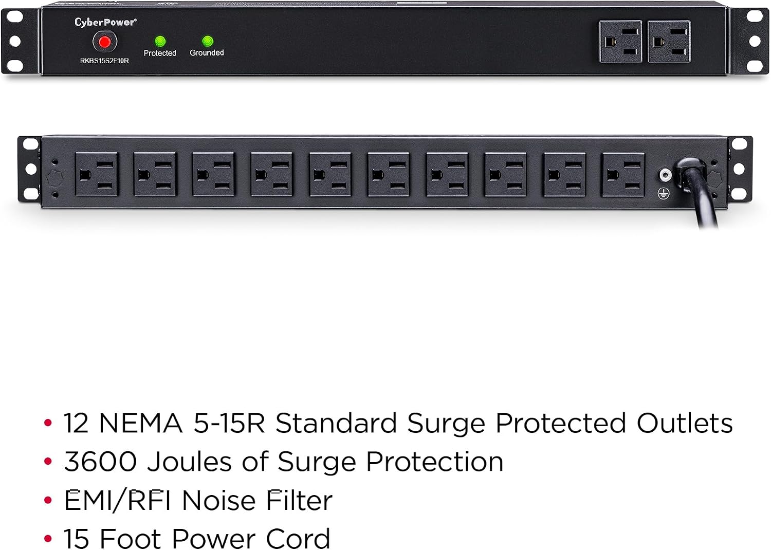 CyberPower RKBS15S2F10R Rackbar Surge Protector, 120V/15A, 12 Outlets, 15 Foot Power Cord, 1U Rackmount, UL Listed