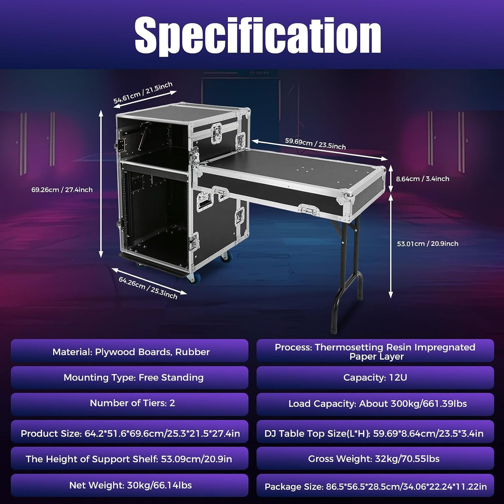 12U PA DJ Rack with DJ Table Top,DJ Work Table, Casters, Pro Tour Grade, Audio Rack/Road Case Vertical Rack Recording Studio Cabinet Racks for DVD Players, DJ Signal