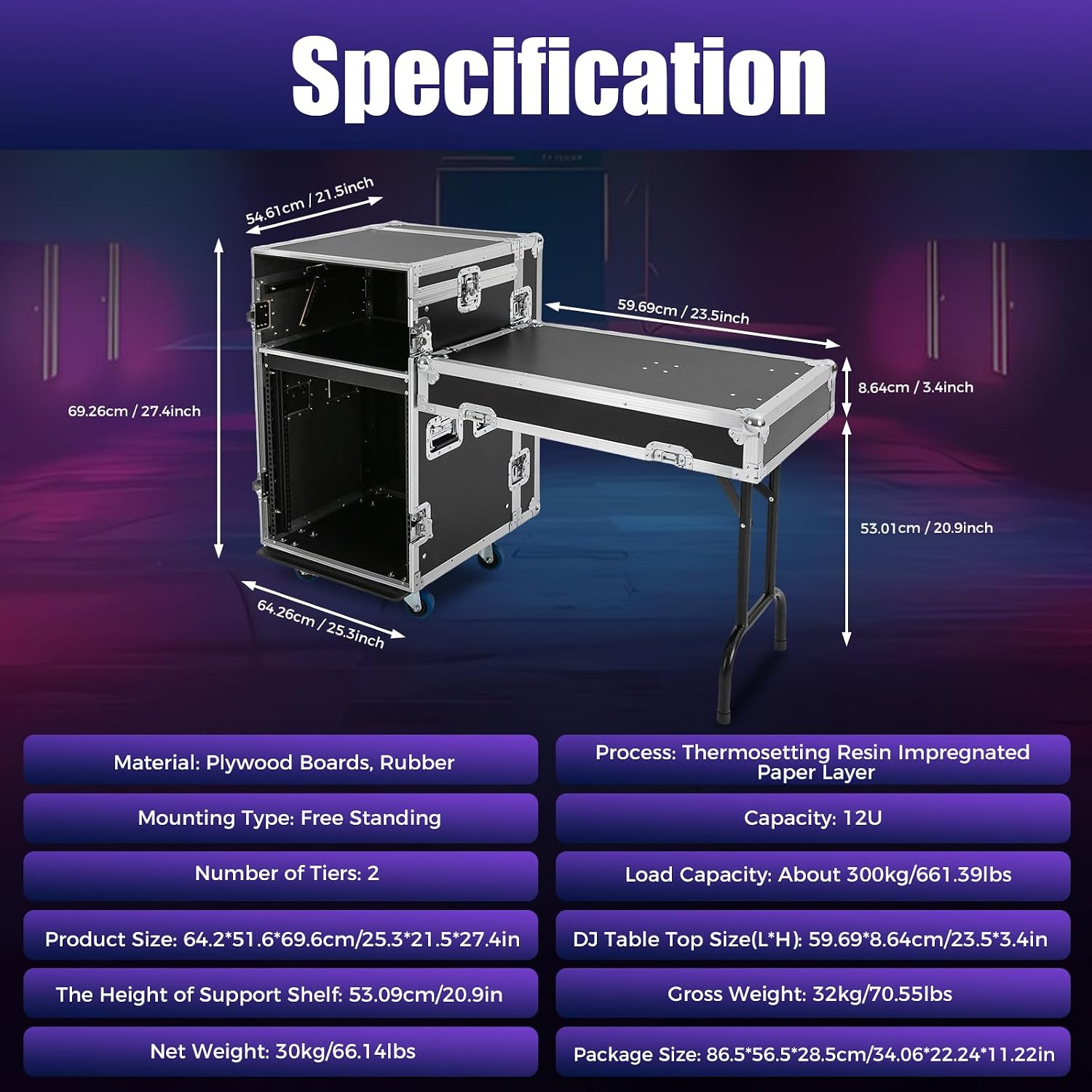 12U PA DJ Rack with DJ Table Top,DJ Work Table, Casters, Pro Tour Grade, Audio Rack/Road Case Vertical Rack Recording Studio Cabinet Racks for DVD Players, DJ Signal