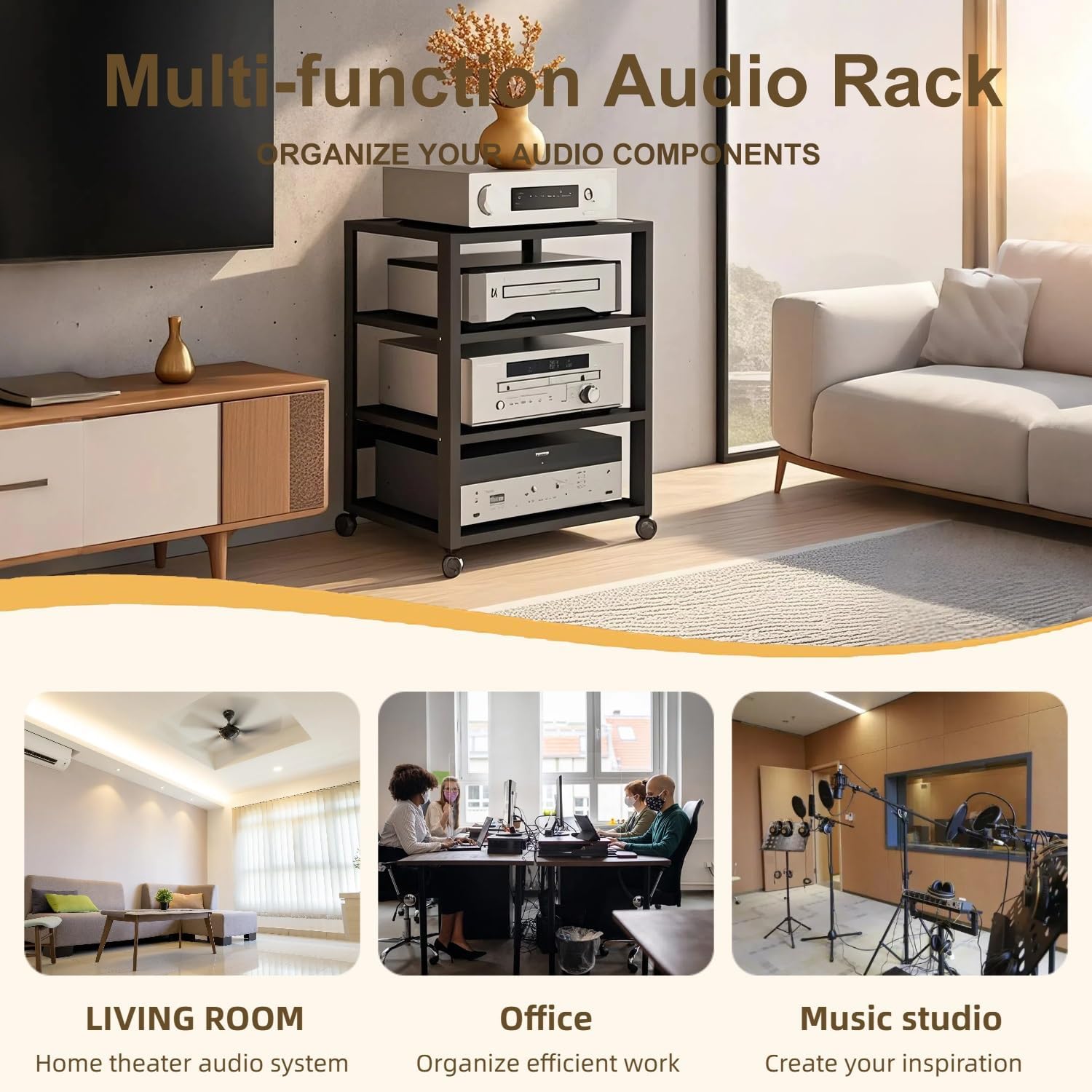 4 Tier AV Media Stand, Audio Rack Tower Stereo Components Cabinet, Home Theatre CD Record Player Stereo Receiver Equipment Rack with Adjustable Wood Shelves, Load 220lbs (Black)
