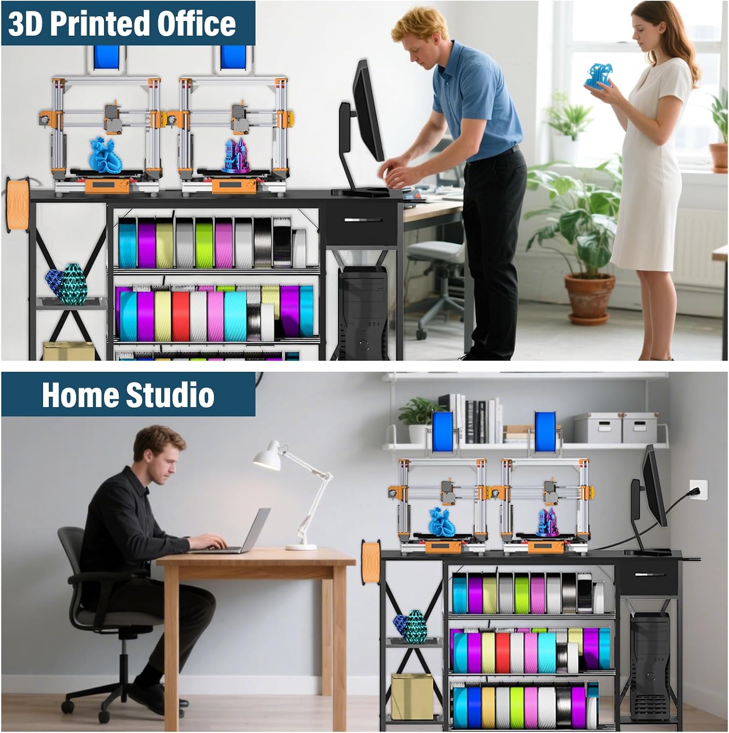 Heavy Duty 3D Printer Table with Storage, Large 4-Tier 3D Printer Stand with Power Outlet & Drawer, Sturdy Wooden Desk & Metal Filament Rack for Workshop, Home Office Black