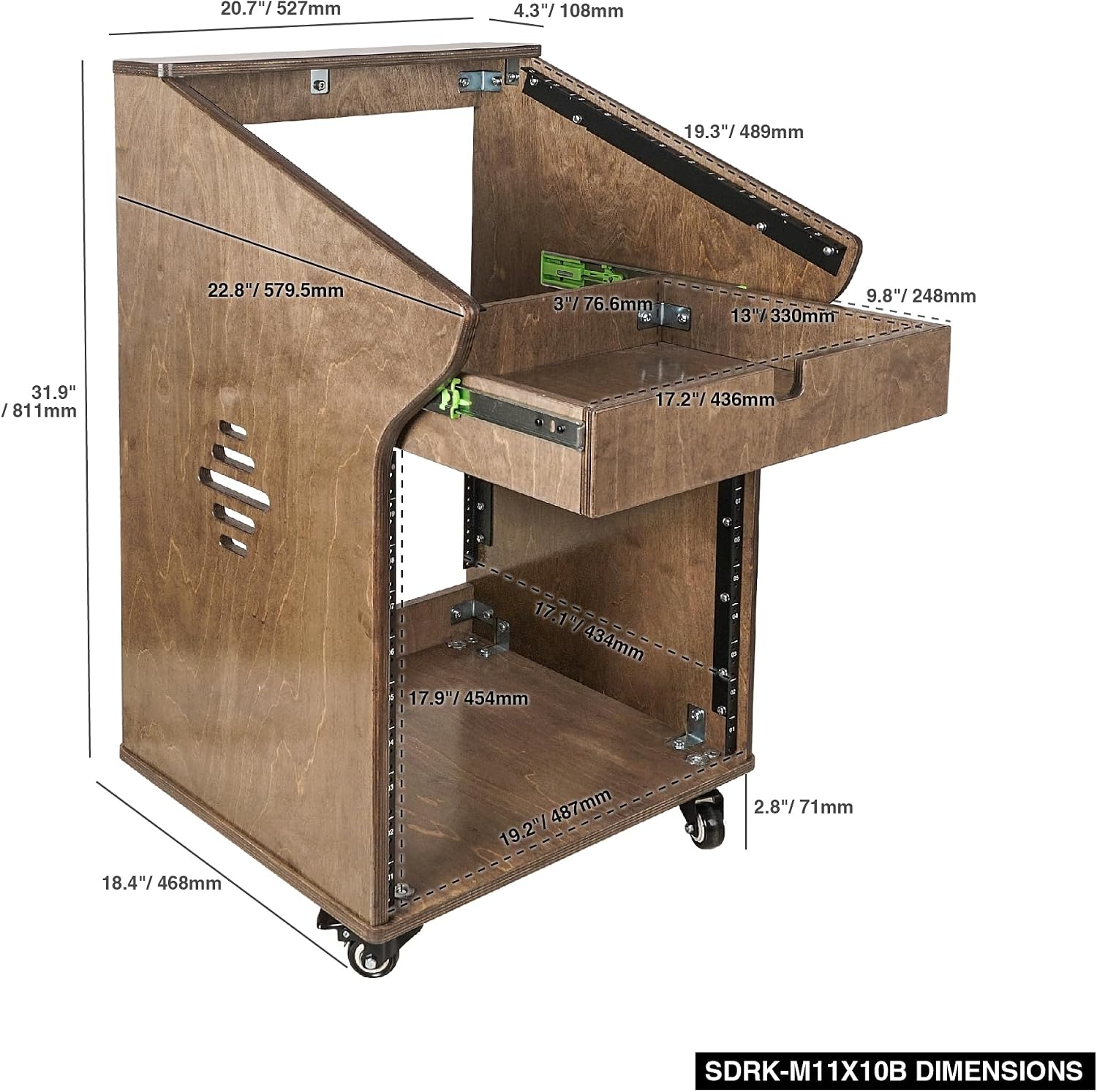 Sound Town DIY Solid Baltic Birch Plywood Studio Rack with 11U Slant Mixer Top, 10U Front, 2U Drawer, Rubber Feet, Casters, Weathered Brown (SDRK-M11X10B)