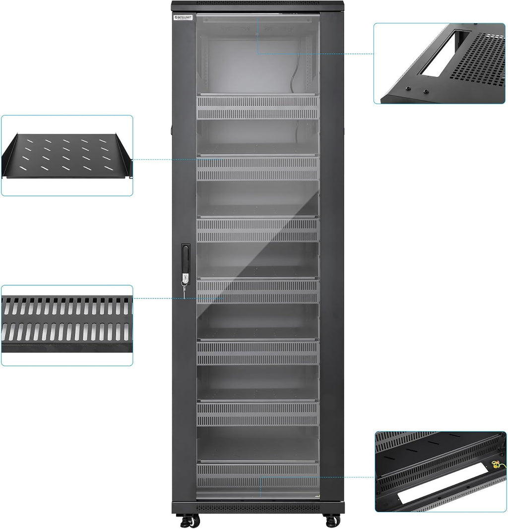 Intellinet 38U Network Server Rack Enclosure Cabinet with Integrated Fans – IP20 Rated, Reversible Tempered-Glass Front Door, Removable Side Panels – 3 Yr Mfg Warranty