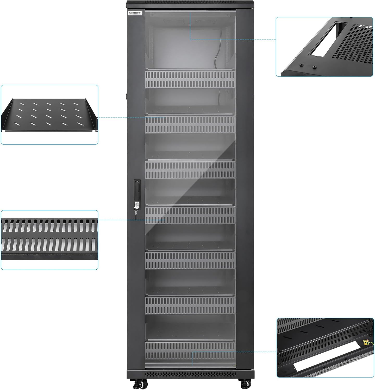 Intellinet 38U Network Server Rack Enclosure Cabinet with Integrated Fans – IP20 Rated, Reversible Tempered-Glass Front Door, Removable Side Panels – 3 Yr Mfg Warranty