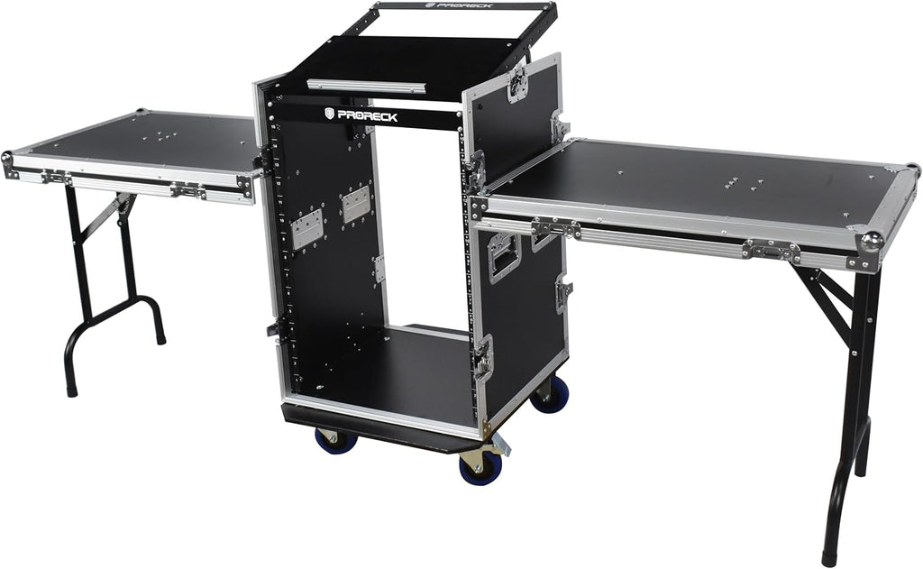 PRORECK 16U Rack/Road Case With Slant Mixer Top, Two Side Table And Casters, 20'' Rackable Depth, Plywood, 16U Installation Size, Pro Stage Performance.