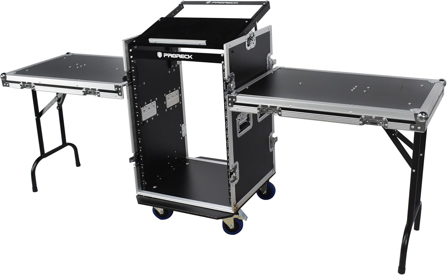 PRORECK 16U Rack/Road Case With Slant Mixer Top, Two Side Table And Casters, 20'' Rackable Depth, Plywood, 16U Installation Size, Pro Stage Performance.