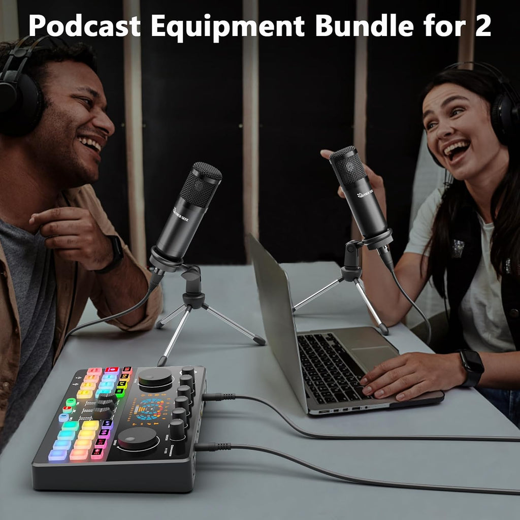 Podcast Equipment Bundle for 2, Audio Interface DJ Mixer with 3.5mm Condenser Microphone for PC, Smartphone, Voice change,RGB for Recording, Streaming, Podcasting, Gaming, COMMANDER M100 3rd