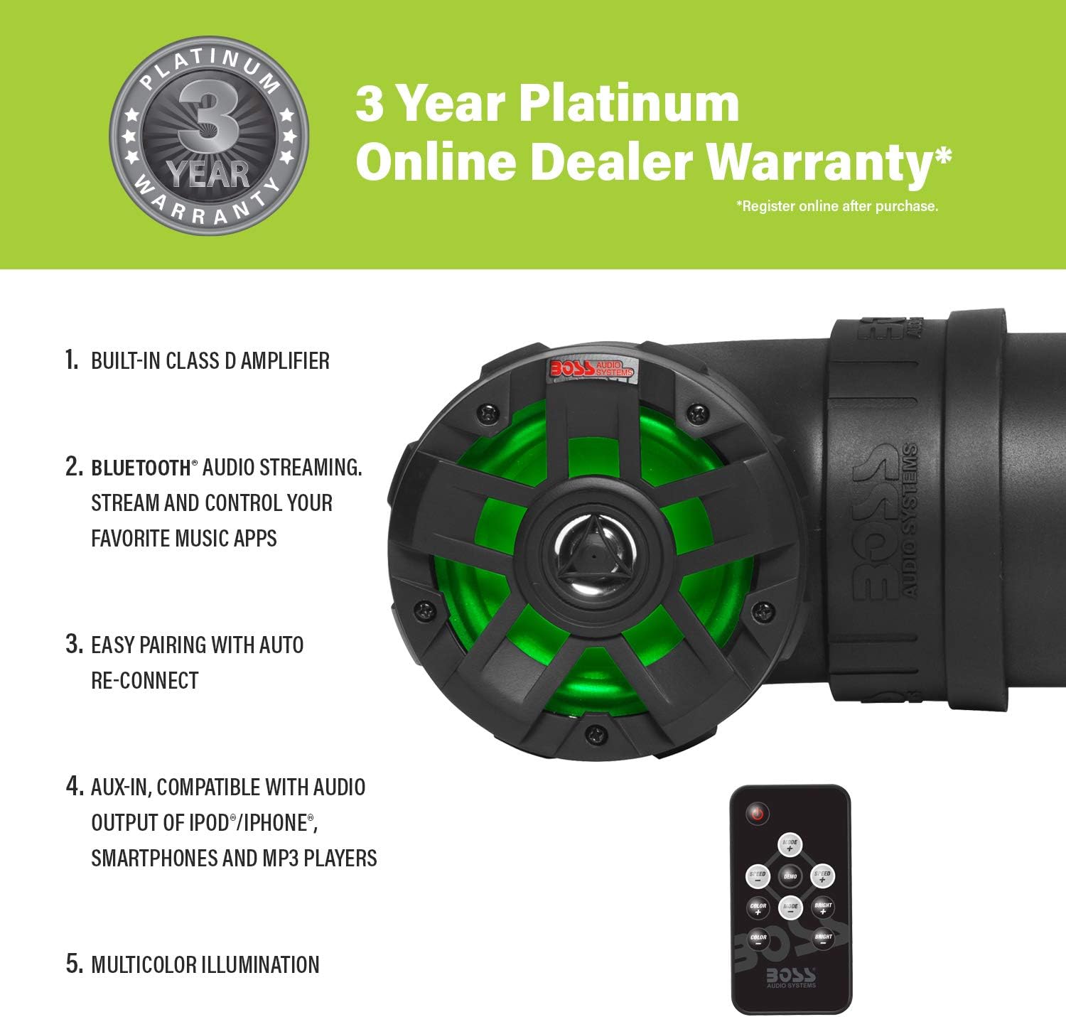BOSS Audio Systems UTV4BRGB ATV Sound System - 4 Inch Speakers, Tweeters, IPX5 Weatherproof, Bluetooth, Built-in Amplifier, Multi-Color Illumination