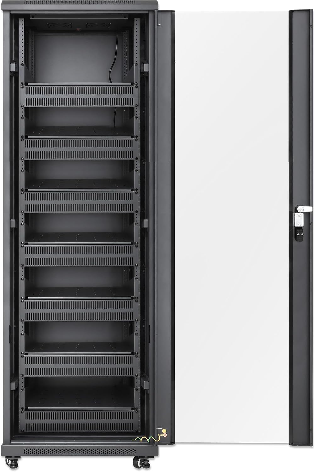 Intellinet 38U Network Server Rack Enclosure Cabinet with Integrated Fans – IP20 Rated, Reversible Tempered-Glass Front Door, Removable Side Panels – 3 Yr Mfg Warranty