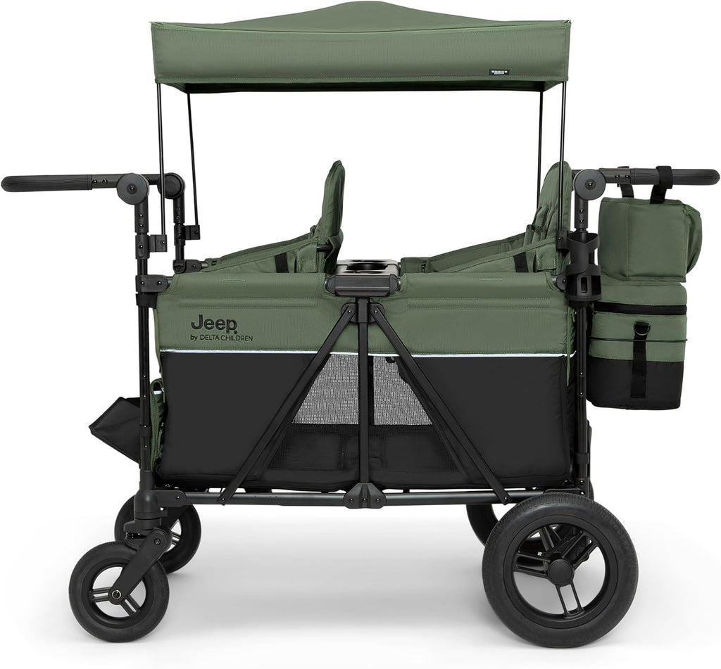 Delta Children - Jeep Wrangler Deluxe 4 Seater Stroller Wagon - Premium Quad Stroller Wagon for 4 Kids with Convertible Seats, Adjustable Push/Pull Handles, Removable Canopy & Flat Fold, Black/Green