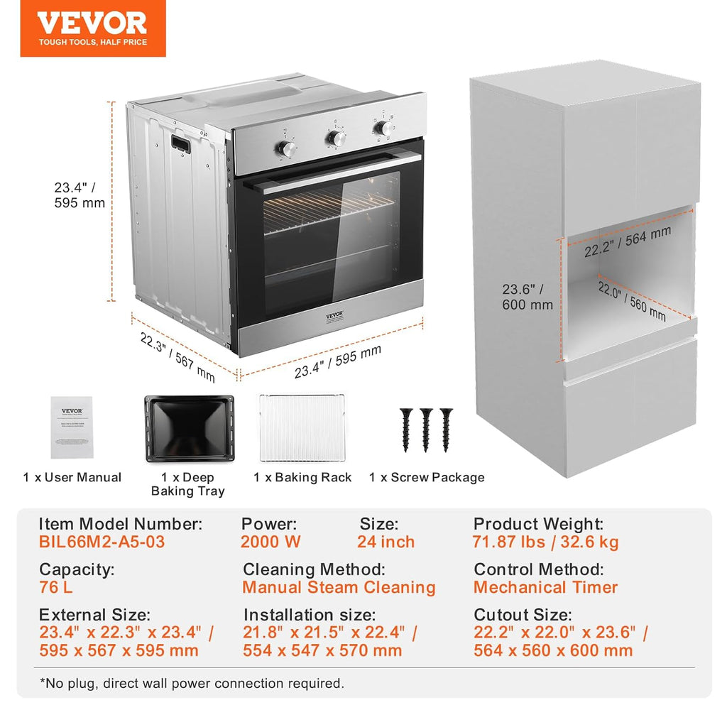 VEVOR Single Wall Oven, 2.68 Cu.Ft Electric Wall Ovens with Timer, 24' Built-in Electric Wall Oven with 6 Cooking Functions, Mechanical Knob Control Convection Wall Oven with Baking Rack and Tray
