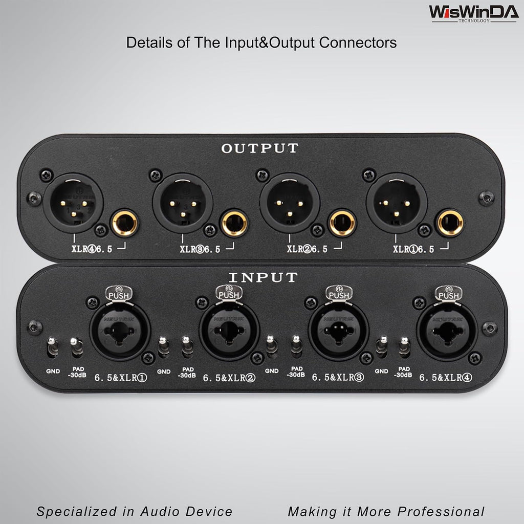 4Channels Pro G404s XLR/TS/TRS/1/4' Passive Hum Eliminator Direct Box for Audio Equipments Ground Loop Isolator Noise Filter for Different Audio Systems Using (Pro G404S)