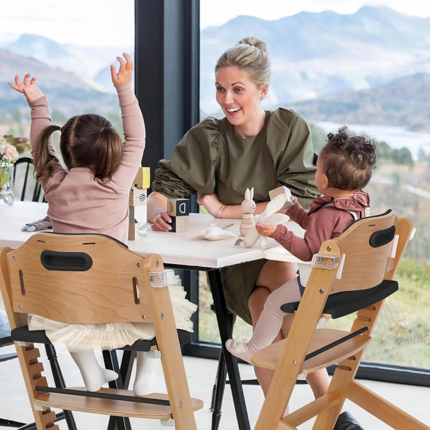 Cowiewie Natural Wooden High Chair for Babies & Toddlers 3-Tier Remove & 2 Adjustable Tray, 8 Adjustable Highchair with Cushions, Easy to Clean (Black)
