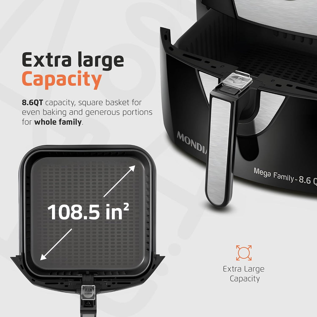 MONDIAL Air Fryer - 8.6 Quart Extra-Large Air Fryer, 2 Simple Dial Controls, 1800 Watts - Quick Heat Circulation Technology, Low Fat Cooking Less Calories - Removable Squared Basket - Black