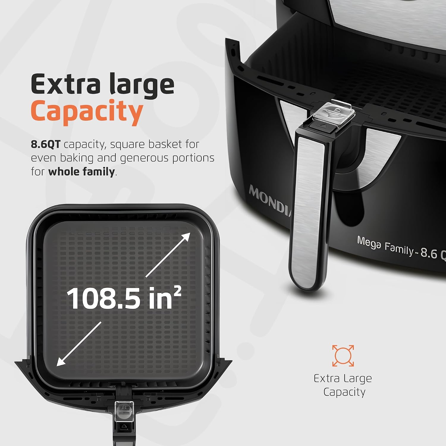 MONDIAL Air Fryer - 8.6 Quart Extra-Large Air Fryer, 2 Simple Dial Controls, 1800 Watts - Quick Heat Circulation Technology, Low Fat Cooking Less Calories - Removable Squared Basket - Black