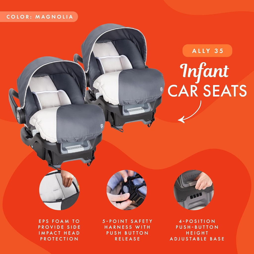 Baby Trend 2-Pack Infant Car Seat & Base with 5-Point Safety Harness, 4-Position Height Adjustment & Push-Button Release, Ally 35, Magnolia - Convertible Travel System & Support for Babies & Toddlers