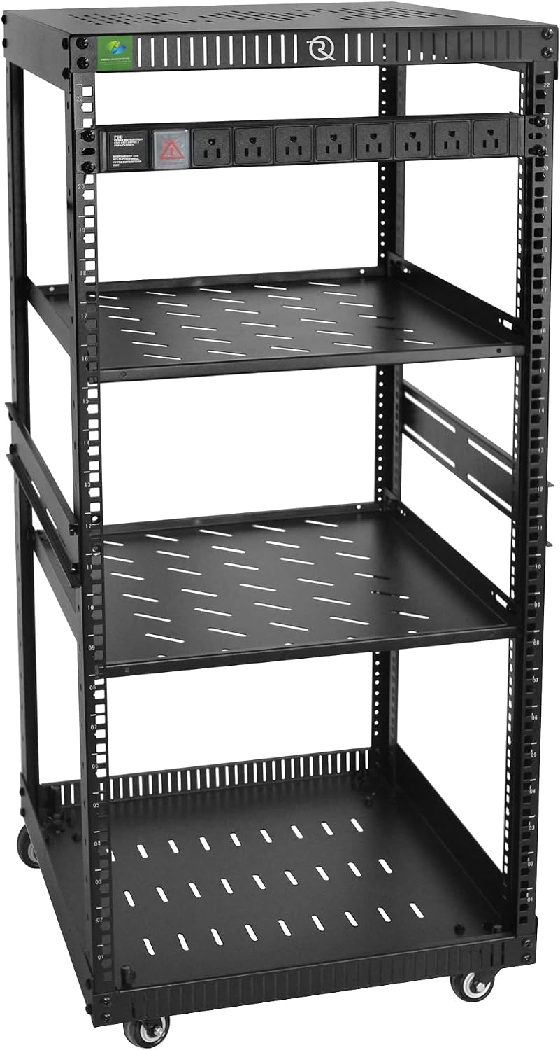 RIVECO 22U Network Rack with Reinforced Top & Bottom Vented Plates - 4 Rolling Wheels Floor Standing for 19' Equipment & Stereo Gear - Including 2PCS Shelves & Rail Mount PDU