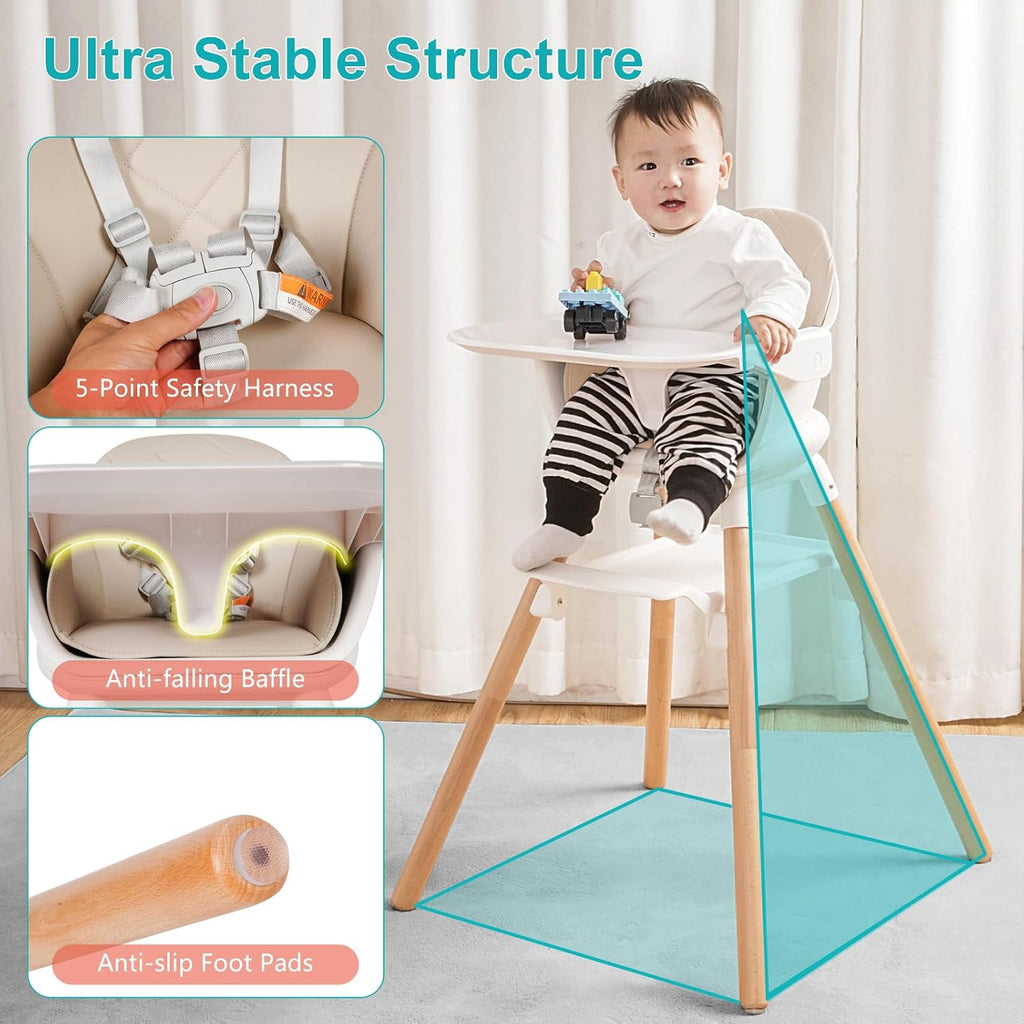 High Chair, 6 in 1 Wooden Convertible High Chairs for Babies and Toddlers, Booster Seat with Double Tray & Reversible Footrest Baby Highchair, 5-Point Harness Baby Feeding Chair, Beige