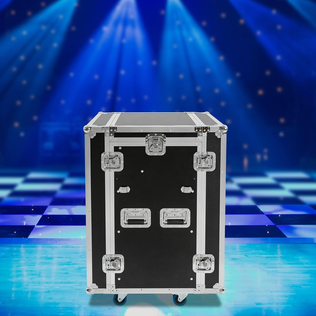 14U PA DJ Rack Case with 4 Wheels, Network and Stereo Rack, Heavy-Duty Double-Layer Studio Equipment Cabinet, Amplifier Mixer Storage Rack for Live Sound, KTV, and Home Theater