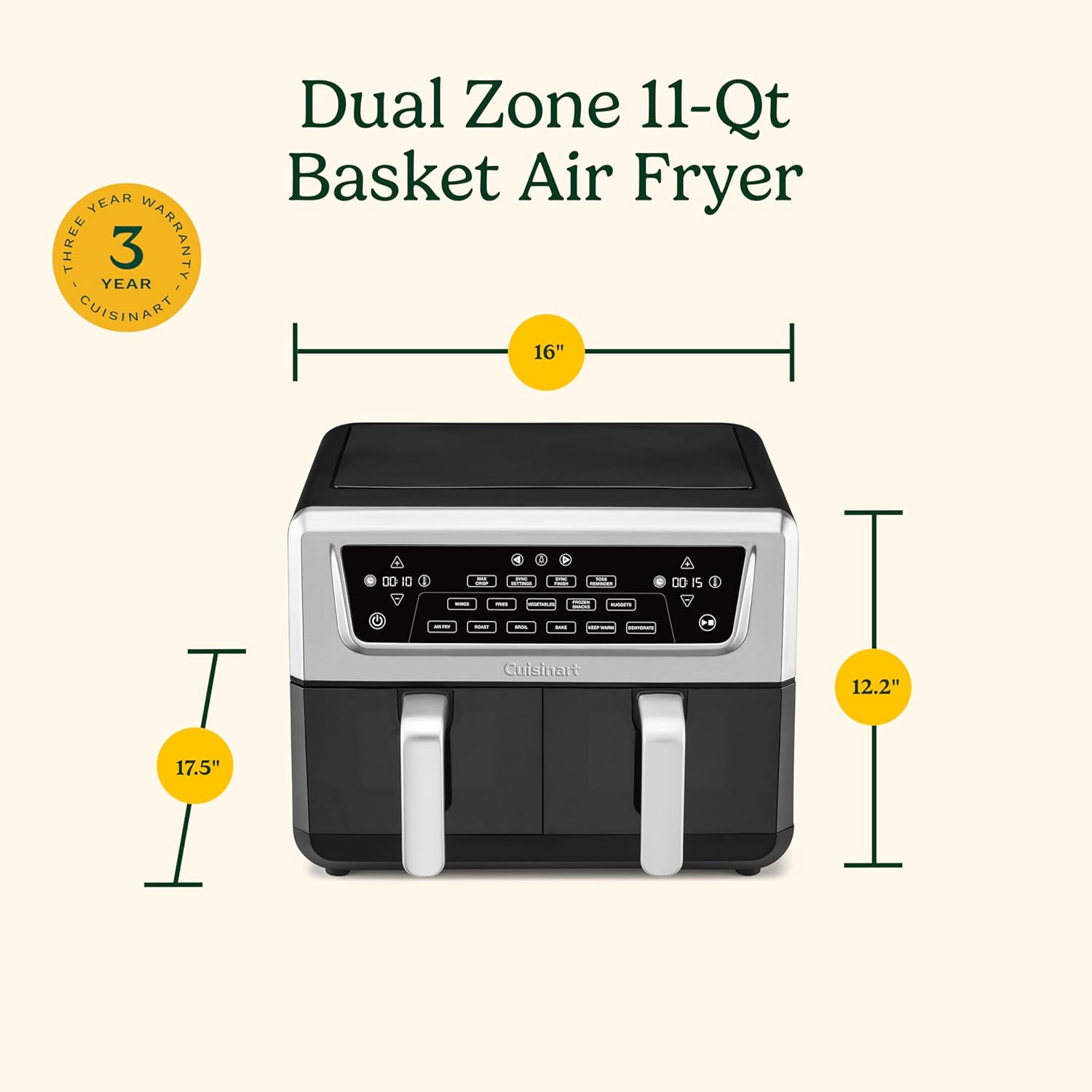 Cuisinart Dual Basket Air Fryer, Two Baskets 11 Qt in Total, 6 Functions: Air Fry, Roast, Bake, Broil, Dehydrate & Keep Warm, Features Sync Finish & Sync Settings, Toss Reminder & Auto-Pause, ADZ-112