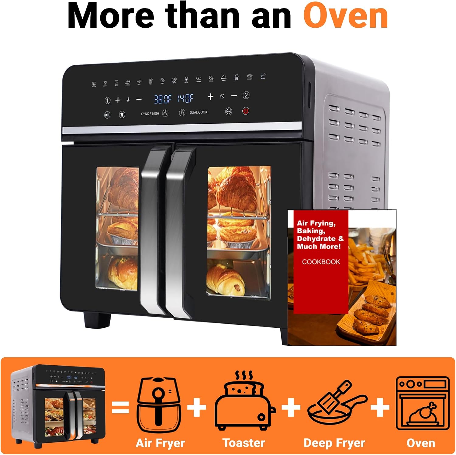 24Qt Large Air Fryer Toaster Oven Combo - Double Door Airfryer, 15 Cooking Function Touchscreen Dual Zone Independent Control Electric Oven, Stainless Steel Air Fryers Oven w 13 Accessories & Cookbook