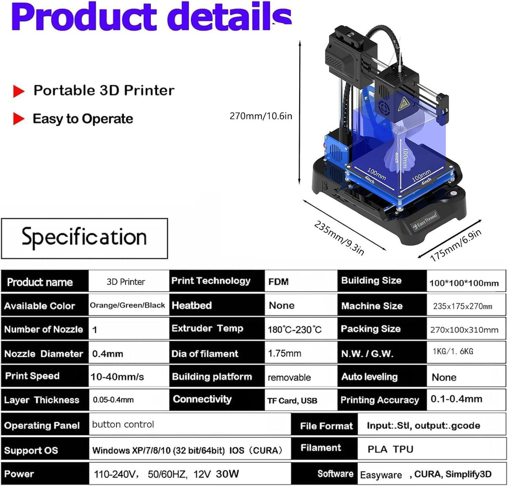 Mini 3D Printer, Desktop Printer, with Removable Build Surfaces Plate, Fully Open Source Silent,for Beginners Kids Student Educatio Filaments Print Size 100x100x100mm (Black)