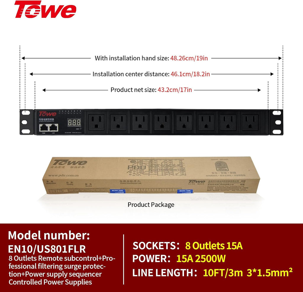Power Conditioner for Audio Equipment, 8 Outlet 1U Rack Mount 100-250v 2500w 30Amps Power Supply Strip Surge Sequencer with LED Voltmeter Display,Surge Protector,Smart PDU