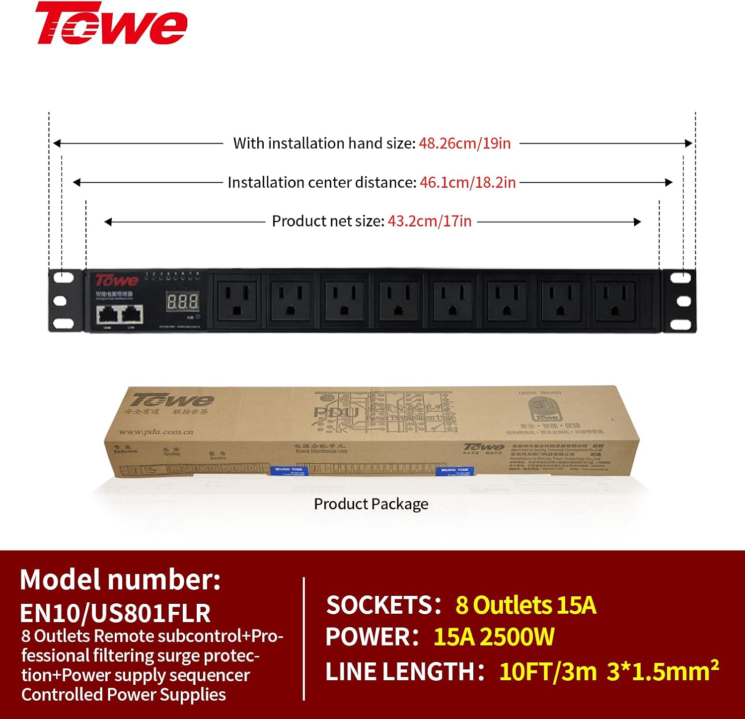 Power Conditioner for Audio Equipment, 8 Outlet 1U Rack Mount 100-250v 2500w 30Amps Power Supply Strip Surge Sequencer with LED Voltmeter Display,Surge Protector,Smart PDU