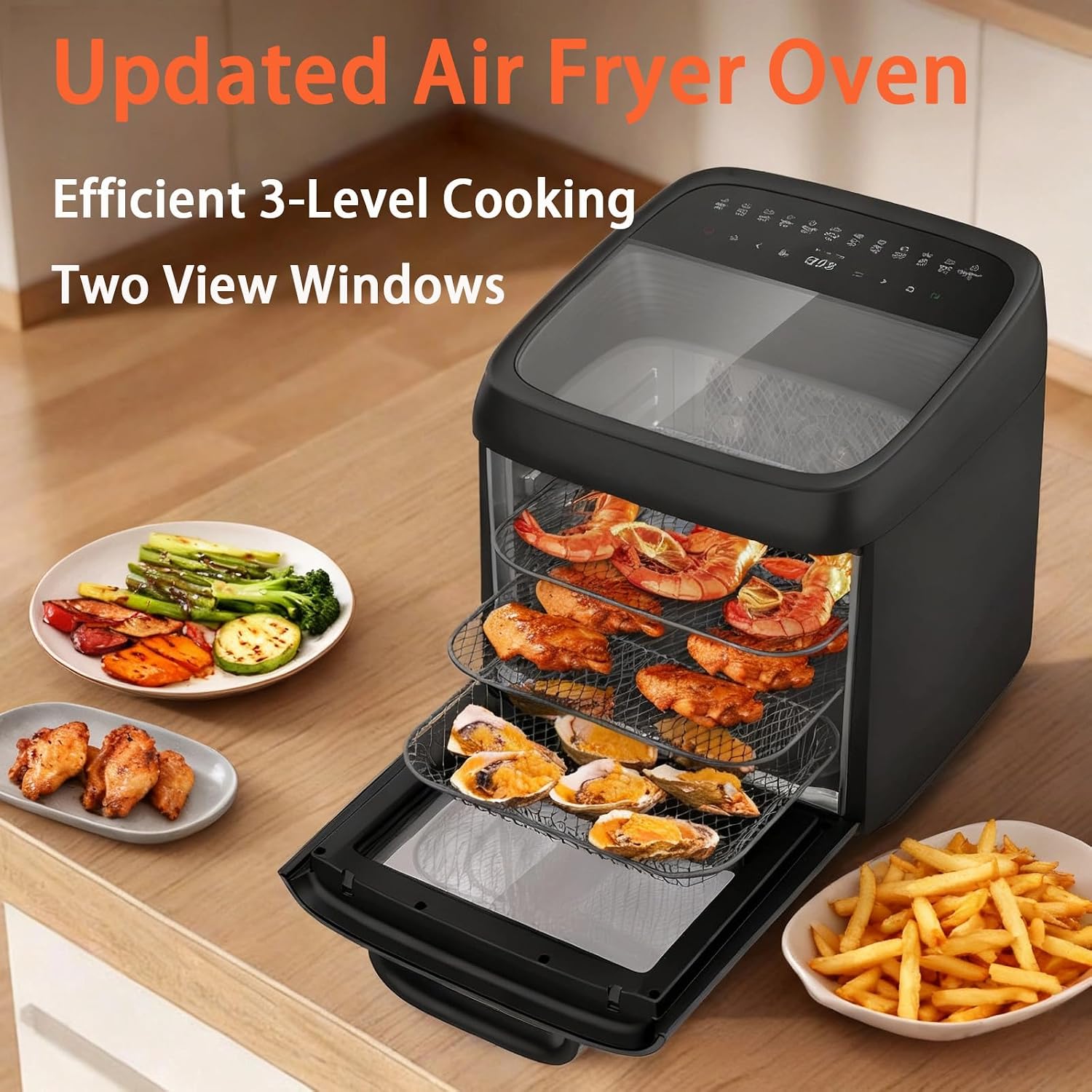 12L Air Fryer Toaster Oven Combo with 2 Viewing Windows, 12-IN-1 Multifunctional Digital Large Air Fryer with Rotisserie & Dehydrator, 8 Accessories Included, Black