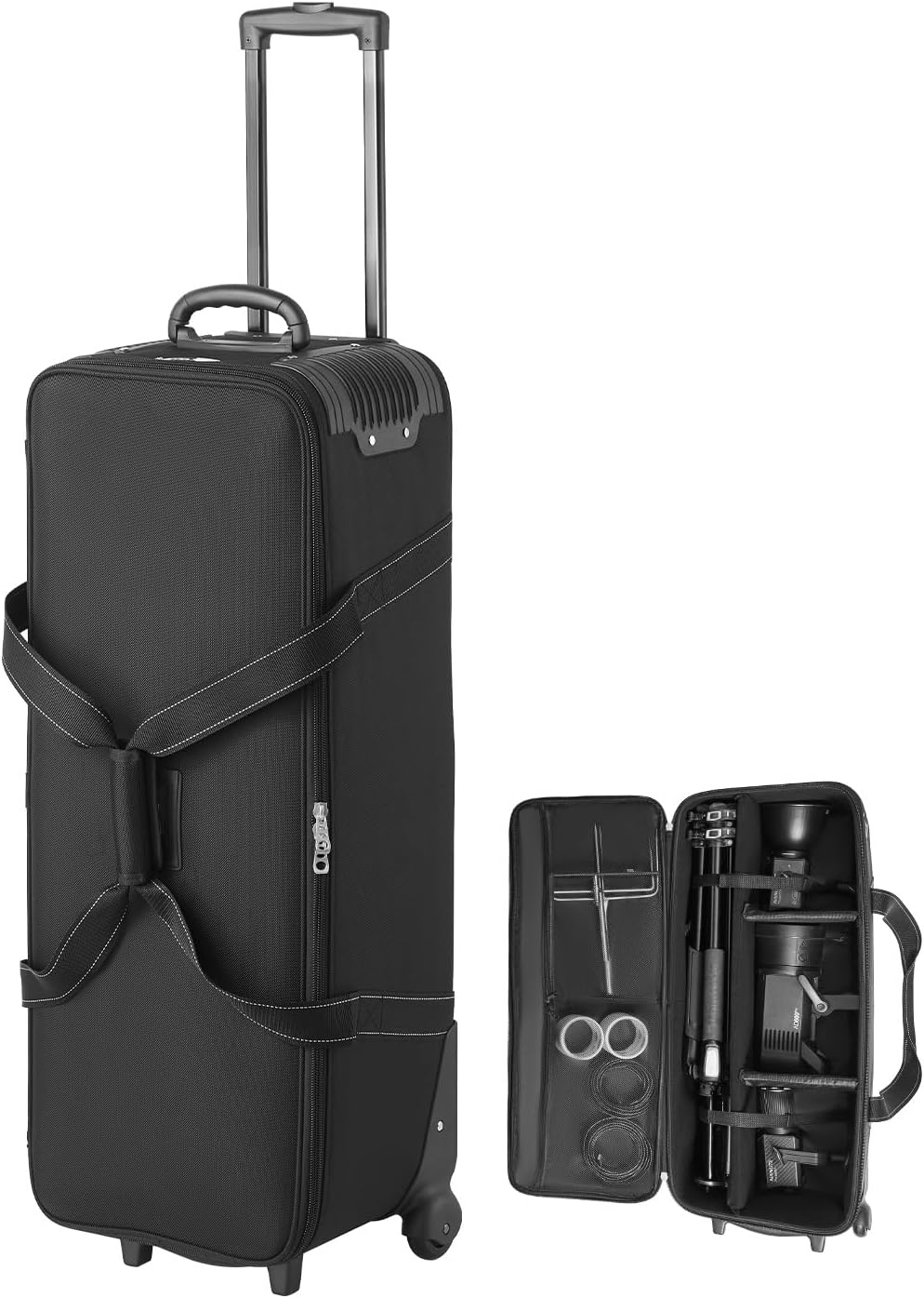 VEVOR Studio Equipment Trolley Case, 35.83 x 11.81 x 14 in / 91 x 30 x 35.5 cm, Rolling Camera Bag, Carrying Bag with Wheels Straps Padded Compartment Handle, for Light Stands, Tripods, Telescopes