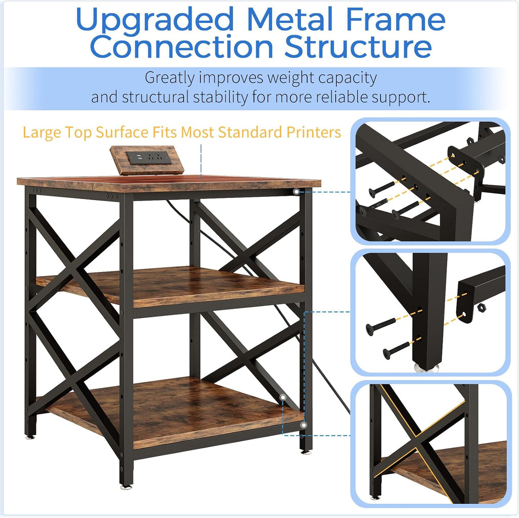 METYERRY Large Printer Stand with Power Outlet, with Height Adjustable Storage Shelf, 3 Tier Rolling Printer Cart with Industrial Wheels, 23.6 x 23.6 Inches Printer Table for Home Office, Rustic Brown