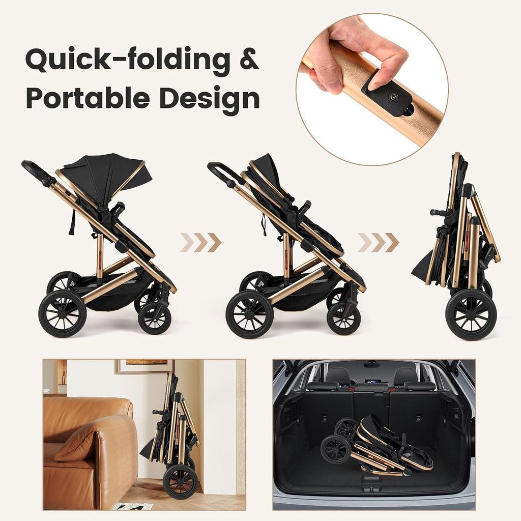 INFANS 2 in 1 Baby Stroller, Folding Newborn Pram Convertible Stroller Bassinet for Infant Foldable High Landscape Shock Absorption with Reversible Seat Aluminum Structure for Pushchair